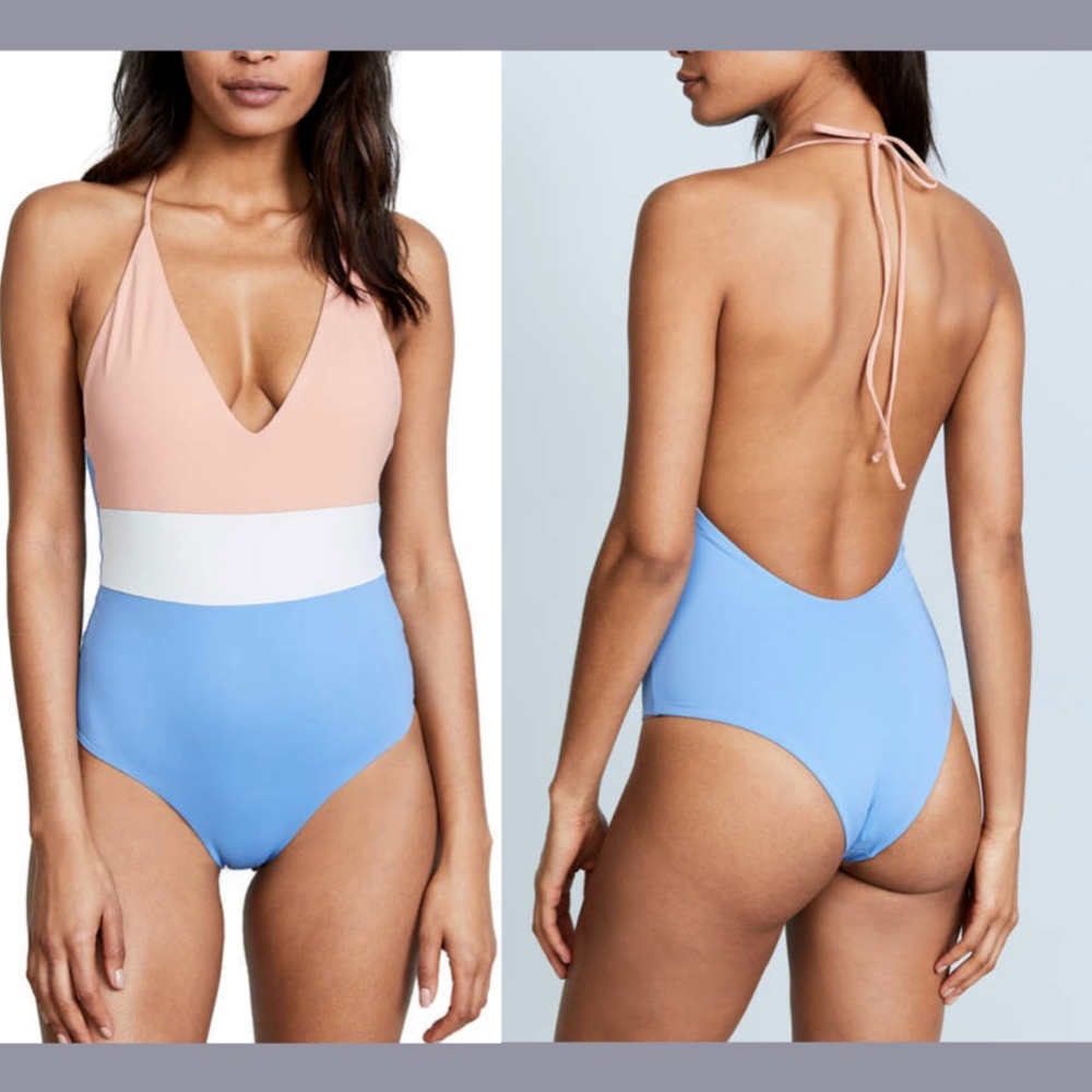 NEW Tavik [ Small ] Chase‎ Colorblock Deep V One-Piece Swimsuit in Sea Blue